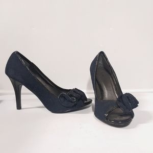 Women's Navy Peep-Toe Heels with Bow Accent